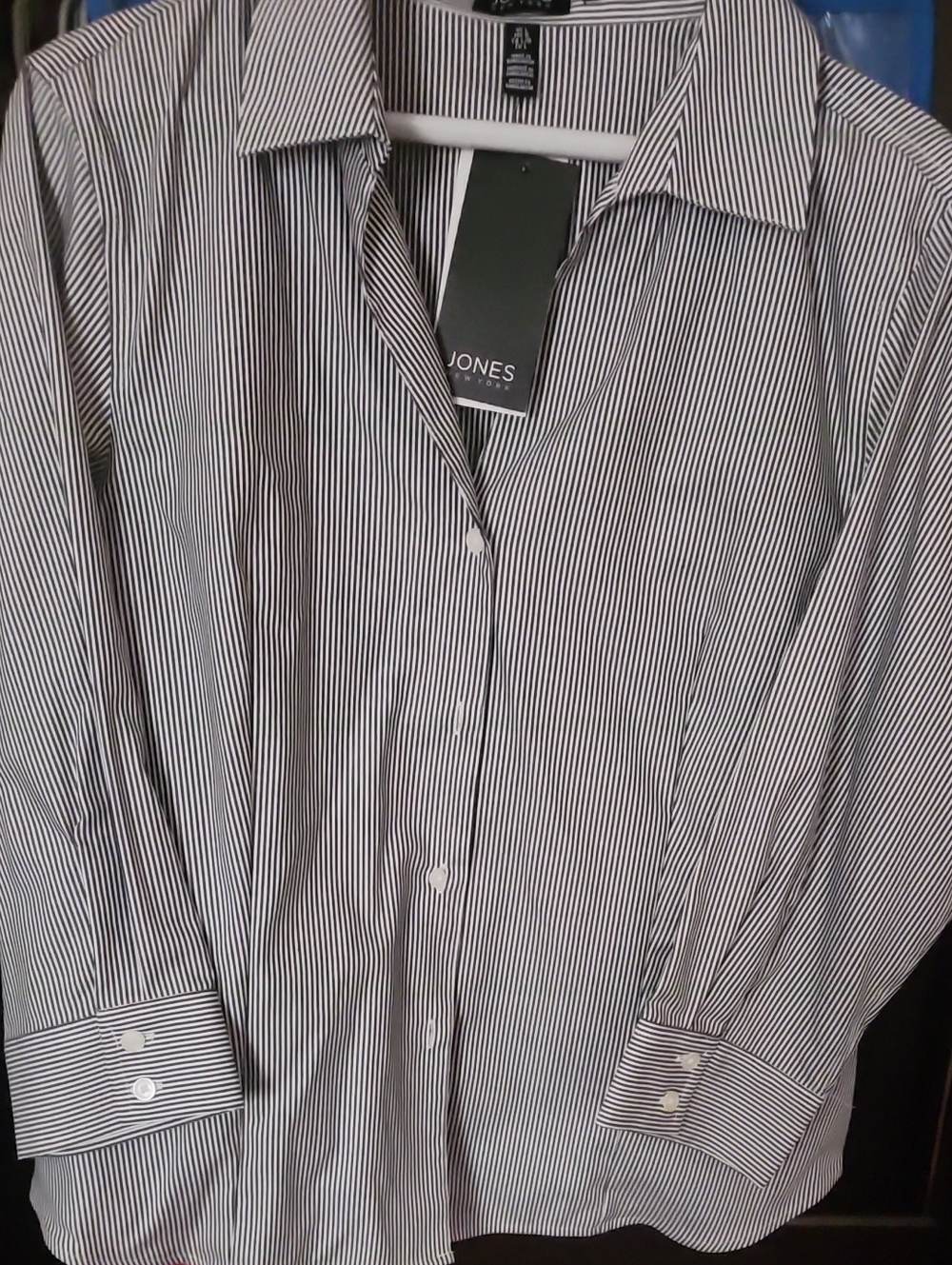 Jones New York Black and White Striped Button-Up Shirt